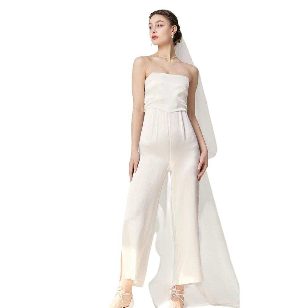NWT Silk Maison Side‎ Slit Silk Culotte Jumpsuit Pearl White SizeXS
